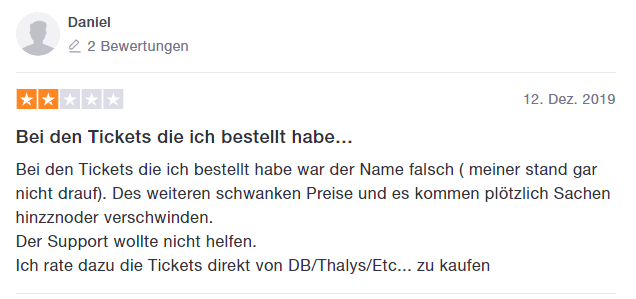 Negative Rückmeldung über den Kauf von Tickets auf Omio