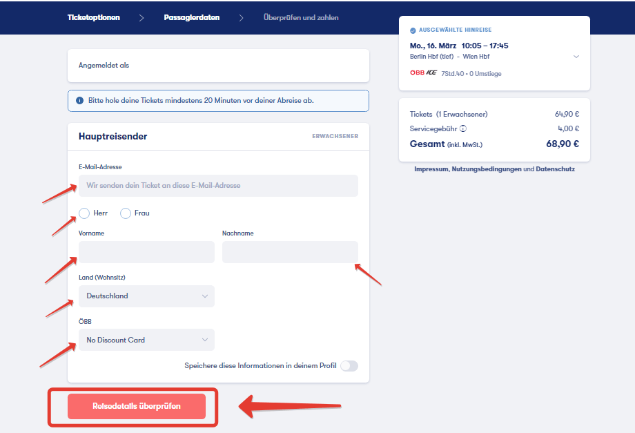 Eingabe der Passagierdaten beim Kauf eines Zugtickets auf Omio