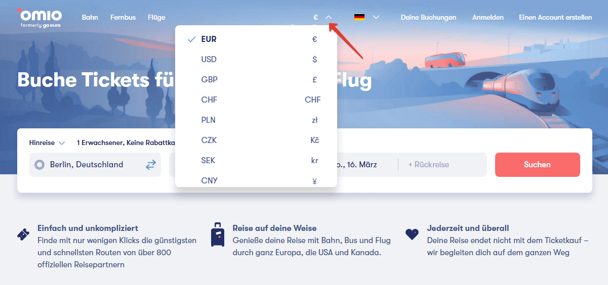 1. Währungsauswahl auf der Omio-Webseite