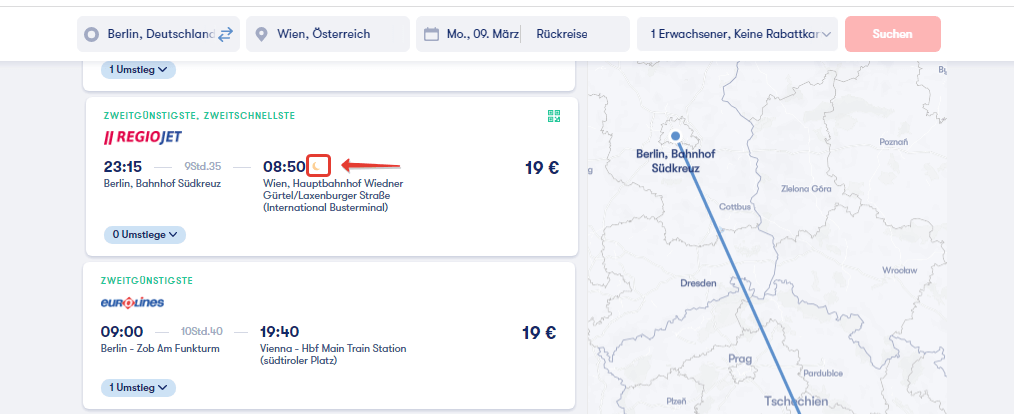 Nachtbusauswahl auf Omio