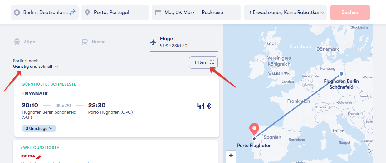 1. Auswahl von Flugtickets auf der Omio-Webseite